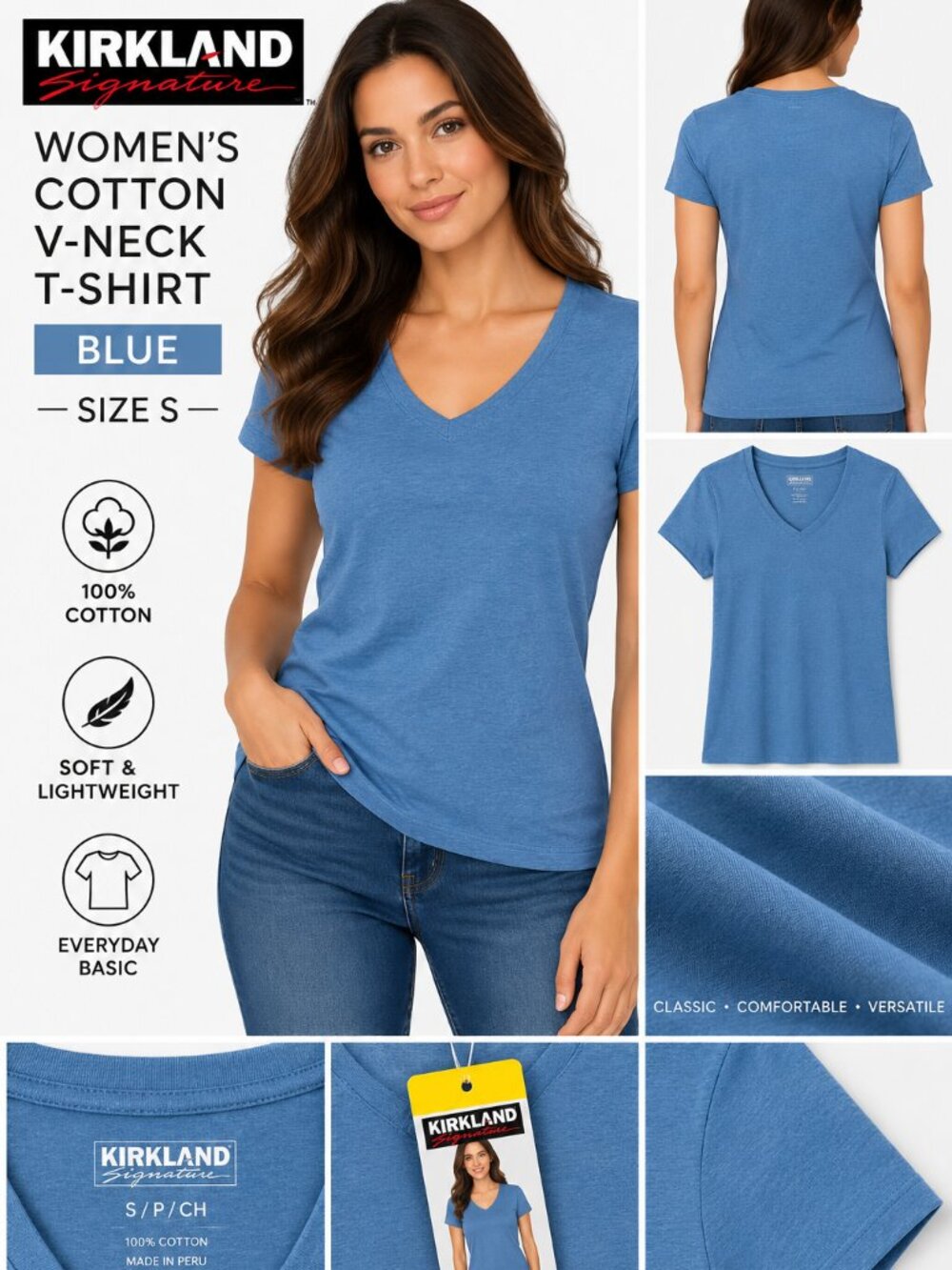 Kirkland Signature Women’s Blue Cotton V-Neck T-Shirt X-Small Small NWT